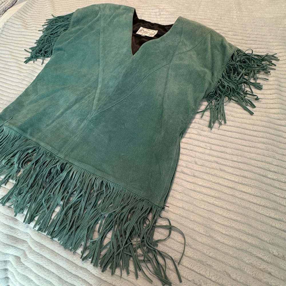 Green Suede Fringe Short-Sleeve Top
